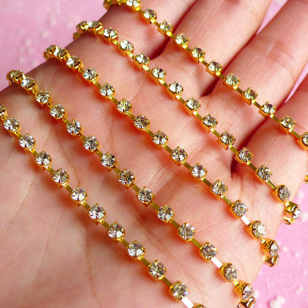 Rhinestones Chain 3mm SS12 (Gold Plated w/ Clear Rhinestones) (20cm Long) Wedding Jewelry Making Bling Bling Deco Decoration RC06