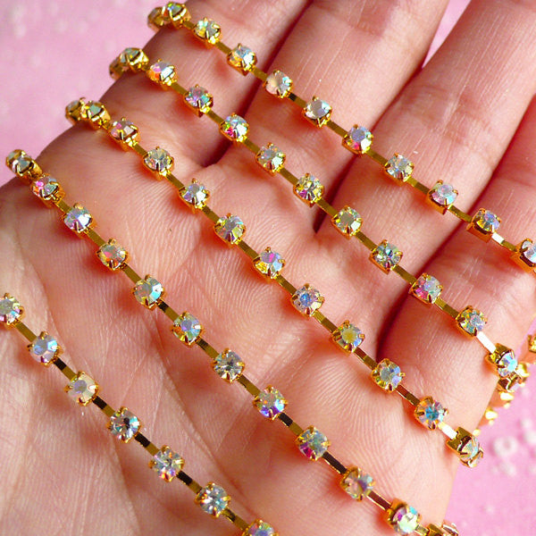 CLEARANCE Rhinestones Chain 3mm SS12 (Gold Plated w/ AB Clear Rhinestones) (20cm Long) Wedding Jewelry Making Bling Bling Deco Decoration RC04