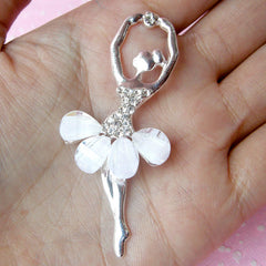 DEFECT Ballerina Party Decoration / Ballet Dancer Metal Cabochon with Clear Rhinestones (Silver & White / 26mm x 58mm) Bling Cellphone Deco CAB100