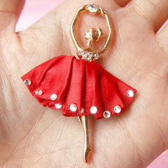 CLEARANCE Metal Ballerina Charm / Ballet Dancer Pendant in Fabric Ballet Dress & Rhinestones / Bling Bling Decoden Cabochon (Red / 38mm x 58mm) CAB103