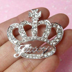 Silver Crown Cabochon with Rhinestones / Juicy Princess Crown Metal Cabochon (39mm x 36mm) Bling Bling Party Decoration Brooch Making CAB111