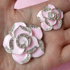 Flower Rose Cabochon / Rhinestone Metal Cabochon (2pcs / Light Pink, Silver / 27mm & 42mm) Bling Bridal Bridesmaid Jewelry Making CAB118