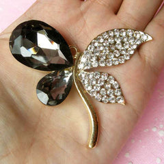 Metal Butterfly Cabochon / Large Insect Cabochon (Gold with Black & Clear Rhinestones / 62mm x 53mm) Decoden Supplies Bling Decor CAB122