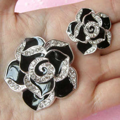 Rhinestone Flower Cabochon / Rose Metal Cabochon (2pcs / Black, Silver / 27mm & 42mm) Bling Bling Cellphone Deco Hair Bow Center CAB119
