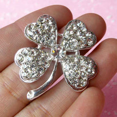 Rhinestone Four Leaf Clover Cabochon / Metal Clover Charm Pendant (Silver / 32mm x 35mm) Bling Bling Decoden Piece Floral Jewellery CAB120