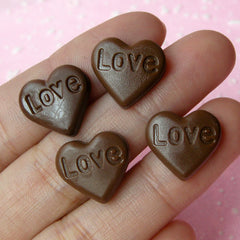 Chocolate Heart Cabochons w/ Love (4pcs / 15mm x 14mm) Kawaii Dollhouse Sweets Miniature Cupcake Topper Fake Toppings Food Jewellery FCAB047