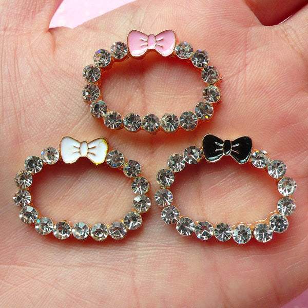 Camera Lens Hole Decoration for iPhone 5 and 6 Case / Bling Bling Wreath with Clear Rhinestones and Kawaii Bow (3pcs / Pink, White & Black) CAB129