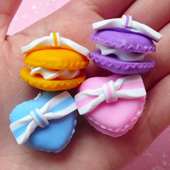 CLEARANCE Heart Macaron Cabochon w/ Bow (4pcs / 24mm x 22mm / Pink, Purple, Orange & Blue / 3D) Polymer Clay Sweets Deco Kawaii Embellishment FCAB057