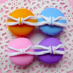 Polymer Clay Macaron Cabochon w/ Bow (4pcs / 23mm x 20mm / Pink, Purple, Orange & Blue / 3D) Fimo Sweets Decoden Fake Food Jewellery FCAB056