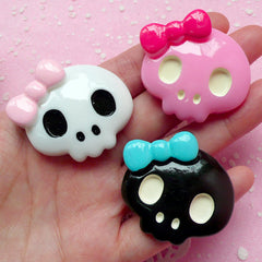 Large Skull with Bow Cabochon / Kawaii Lady Skull Cab (3pcs / 40mm x 37mm / Black, Pink & White / Flatback) Sweet Gothic Lolita Deco CAB148