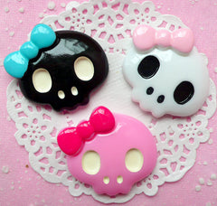 Large Skull with Bow Cabochon / Kawaii Lady Skull Cab (3pcs / 40mm x 37mm / Black, Pink & White / Flatback) Sweet Gothic Lolita Deco CAB148