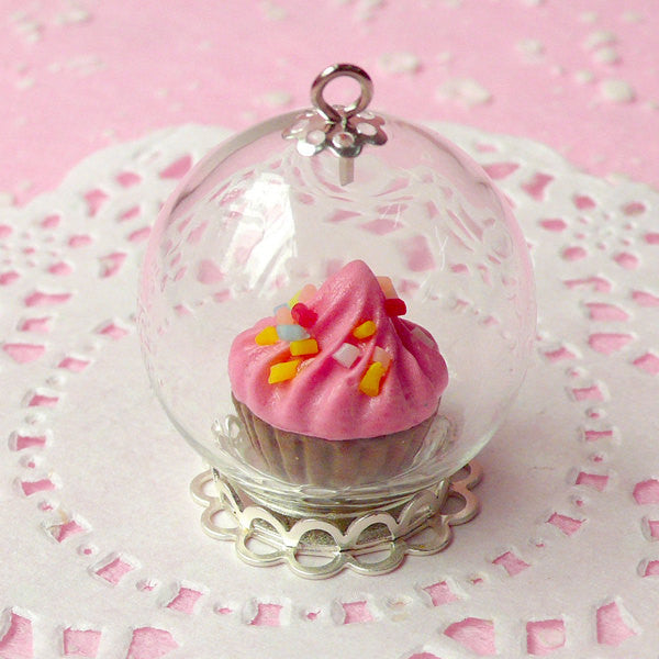 Glass Globe Pendant / Clear Glass Bubble / Glass Bottle Charm / Glass Dome (25mm) with Silver Lace Base (1 Set) Miniature Terrarium F050