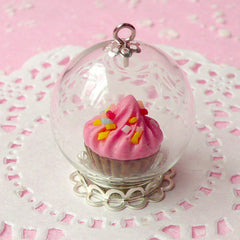 Glass Globe Pendant / Clear Glass Bubble / Glass Bottle Charm / Glass Dome (25mm) with Silver Lace Base (1 Set) Miniature Terrarium F050