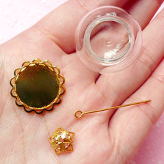 Glass Dome Pendant / Clear Glass Globe Charm / Glass Bubble / Glass Bottle (24mm) with Gold Lace Base (1 Set) Miniature Terrarium F048