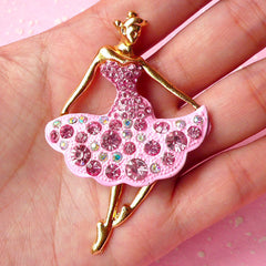 Dancing Lady Cabochon / Rhinestone Cabochon (Gold, Pink / 42mm x 65mm) Metal Decoden Piece Bling Embellishment Sparkle Jewelry Making CAB163