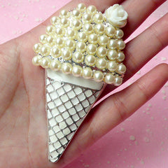 Large Ice Cream Metal Cabochon with Faux Pearl / Kawaii Cabochon (Silver & White / 48mm x 85mm) Decoden Phone Case Big Embellishment CAB169
