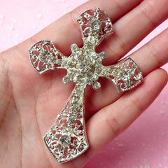 Large Metal Cross Cabochon w/ Clear Rhinestones (Silver / 55mm x 75mm) Bling Christmas Decoration Cell Phone Case Deco Decoden Piece CAB171