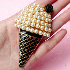 Ice Cream Cabochon with Cream Pearl / Big Alloy Metal Decoden Cabochon (Gold & Black / 48mm x 85mm) Kawaii Goth Deco Gothic Lolita CAB170