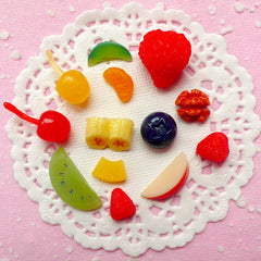 Fake Fruit Topping Cabochon (13pcs / Strawberry Kiwi Apple Orange Cherry Banana Blueberry Pineapple Walnut) Kawaii Miniature Sweets FCAB012