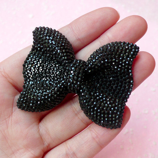 BIG Bow Cabochon (Black) with Black Rhinestones 54mm x 42mm Kawaii Big Cabochon Cell phone Deco Decoden CAB186