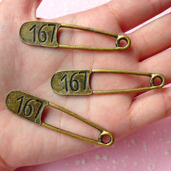 CLEARANCE Safety Pin Charms Antique Bronzed (3pcs) (57mm x 13mm) Metal Finding Pendant Bracelet Earrings Zipper Pulls Bookmarks Key Chains CHM066