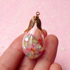 Tear Drop Glass Bubble / Glass Globe (30mm x 18mm) w/ Gold Plated Flower / Leaf Cover (1 Set) DIY Pendant Charm Miniature Glass Bottle F068