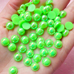 CLEARANCE 8mm AB Green Half Pearl Cabochons / Round Flat Back Faux Pearlized Cabochons (around 80 pcs) PEAB-G8