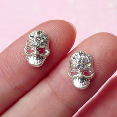 Tiny Silver Plated Skull Skeleton Cabochon with Clear Rhinestones (2pcs) Nail Art Nail Deco Earrings Making Fake Mini Cupcake Topper NAC064