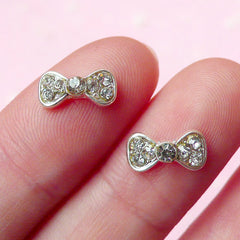 Tiny Bow Bowtie Cabochon (2pcs) (Silver w/ Clear Rhinestones) Fake Miniature Cupcake Topper Earring Making Nail Art Decoration NAC065