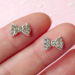 Tiny Bowtie Bow Cabochon (2pcs) (Silver w/ Clear Rhinestones) Fake Miniature Cupcake Topper Earring Making Nail Art Decoration NAC068