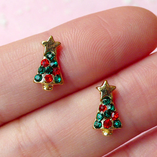CLEARANCE Mini Christmas Tree Cabochon (2pcs) (Gold w/ Green and Red Rhinestones) Fake Miniature Cupcake Topper Earring Making Nail Art Deco NAC077