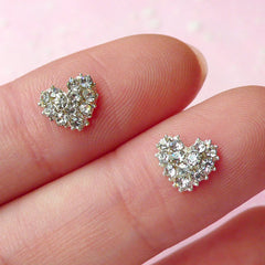 Tiny Heart Cabochon (2pcs) (Silver w/ Clear Rhinestones) Fake Miniature Cupcake Topper Earring Making Nail Art Decoration NAC069
