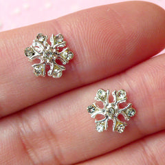 Mini Snowflakes Cabochon (2pcs) (Silver w/ Clear Rhinestones) Fake Miniature Cupcake Topper Earring Making Nail Art Decoration NAC072