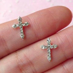Mini Cross Cabochon (2pcs) (Silver w/ Clear Rhinestones) Fake Miniature Cupcake Topper Earring Making Nail Art Decoration NAC073