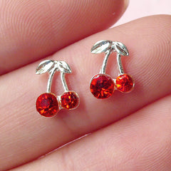 CLEARANCE Mini Cherry Cabochon (2pcs) (Silver w/ Red Rhinestones) Fake Miniature Cupcake Topper Earring Making Nail Art Decoration NAC079