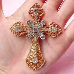 Rhinestones Cross Cabochon / Big Bling Bling Metal Cabochon (Gold / 55mm x 72mm) Large Religious Embellishment Baptism Decorations CAB205