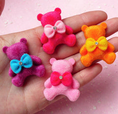 Bear Velvet / Plush Cabochon with Bow (29mm x 35mm / 4pcs / Colorful) Cell Phone Deco Scrapbooking Decoration Decoden Jewelry Making CAB208