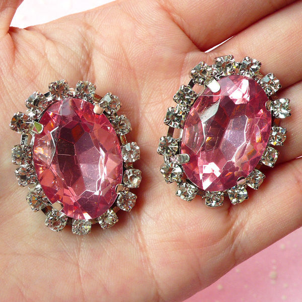 Oval Rhinestones w/ Rhinestones Chain Setting (32mm) (Pink) Bling Bling Cell Phone Deco Scrapbooking Jewelry Making Pendant (2 pcs) CAB222