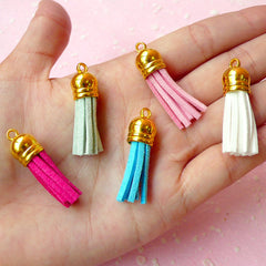 Suede Leather Tassel Charms w/ Gold Caps (Mix / 10mm x 37mm / 5pcs) Jewelry Making Fringe Pendant Bracelet Cell Phone Decoden CHM083