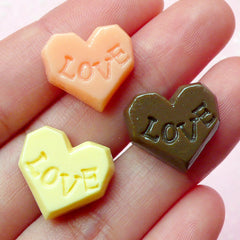 CLEARANCE Heart Chocolate Cabochon w/ Love (3pcs / 16mm x 15mm / Flatback) Kawaii Miniature Sweets Decoden Phone Case Fake Candy Embellishment FCAB084