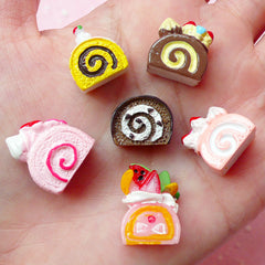 Kawaii Cabochon Miniature Swiss Roll Cake Cabochon Set (6pcs / Assorted Colorful Mix / 3D) Cute Dollhouse Sweets Decoden Phone Case FCAB109