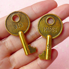 Paris Key Charms (2pcs) (40mm x 22mm / Antique Gold / 2 Sided) Metal Findings Pendant Bracelet Earrings Zipper Pulls Keychains CHM106