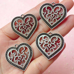 Heart Charms (4pcs) (27mm x 27mm / Tibetan Silver) Metal Findings Pendant Bracelet Earrings Zipper Pulls Keychains CHM110
