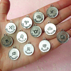 Zodiac Charms Horoscope Charms (12pcs) (17mm x 20mm / Tibetan Silver / 2 Sided) Pendant Bracelet Earrings Zipper Pulls Keychain CHM137