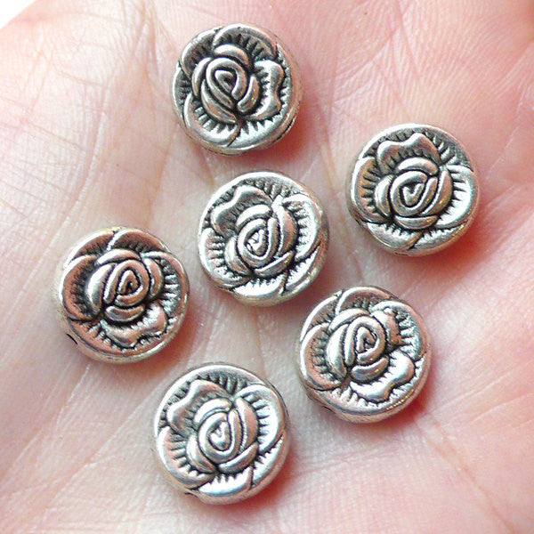 Rose Beads (6 pcs) (11mm / Tibetan Silver / 2 Sided) Metal Flower Beads Finding Pendant Bracelet Earrings Bookmark Keychains CHM162