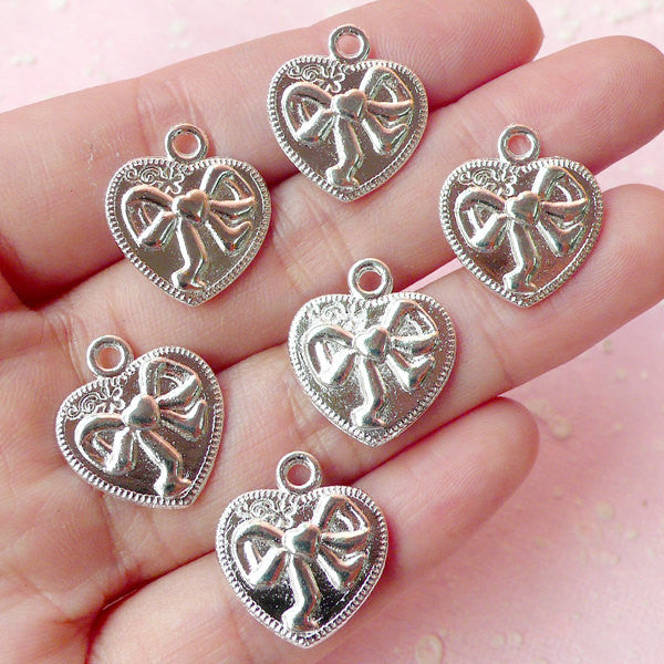 Heart w/ Ribbon Charms (6pcs) (16mm x 18mm / Silver / 2 Sided) Findings Pendant Bracelet Earrings Zipper Pulls Bookmarks Keychains CHM209