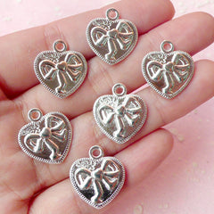 Heart w/ Ribbon Charms (6pcs) (16mm x 18mm / Silver / 2 Sided) Findings Pendant Bracelet Earrings Zipper Pulls Bookmarks Keychains CHM209