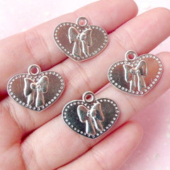 Heart w/ Ribbon Charms (4pcs) (19mm x 16mm / Silver / 2 Sided) Findings Pendant Bracelet Earrings Zipper Pulls Bookmarks Keychains CHM213