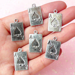 CLEARANCE Ace of Spades Poker Playing Cards Charms (6pcs) (13mm x 21mm / Tibetan Silver / 2 Sided) Pendant Bracelet Earrings Bookmark Keychains CHM244
