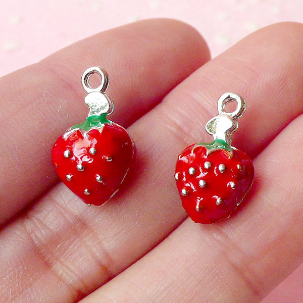 3D Strawberry Charms (2pcs) (9mm x 16mm / 2 Sided) Kawaii Fruit Charms, MiniatureSweet, Kawaii Resin Crafts, Decoden Cabochons Supplies